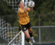 Soccer goalkeeper in action, making a save near the goalpost during a match.