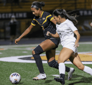 Two female soccer players competing for the ball on a field during a night match.