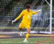 Soccer player in yellow uniform kicks ball on field, focusing on goal post and net in the background.