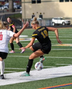 Soccer players in action on the field, tackling for the ball during a match.