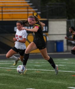 Two female soccer players competing for the ball on a field during a match.
