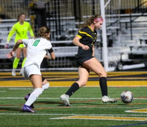 Two female soccer players compete for the ball on a field during a match, with a goalie in the background.