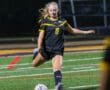 Soccer player in black and yellow uniform kicks the ball during a night match on a turf field.