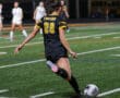 Soccer player in black jersey kicking ball on field during night game.