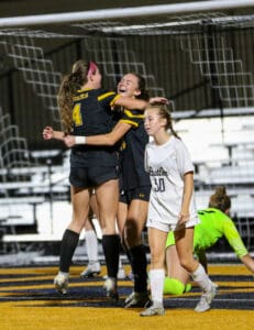 Soccer players celebrating a goal on the field, showcasing teamwork and sportsmanship.