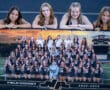 High school field hockey team with a banner, four players smiling, North Allegheny 2025-2026 season at Wright Field.