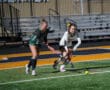 Two female field hockey players compete for the ball on a vibrant sports field during a match.