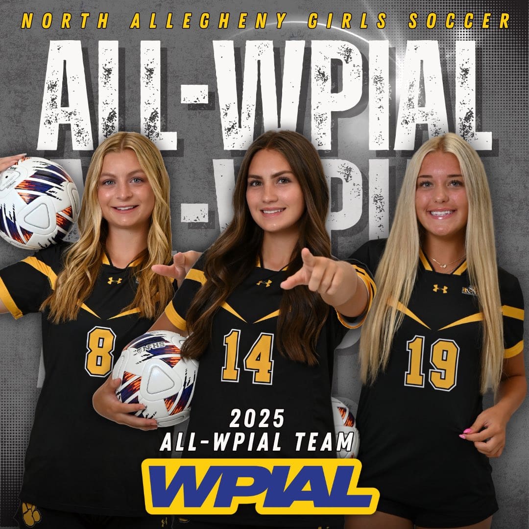 North Allegheny Girls Soccer players celebrated as 2025 All-WPIAL Team members, posing with soccer balls.