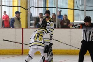 Referee signals during roller hockey game, players in yellow-black jerseys, spectators watch from stands.