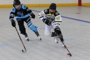 Two youth players competing in a roller hockey game on an indoor rink.