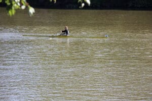Person rowing a single scull on calm water under leafy trees, showcasing outdoor sports and tranquility.