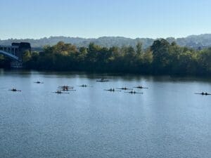 Rowers on a calm river under a blue sky with a bridge and tree-lined bank in the background, enjoying a serene day.