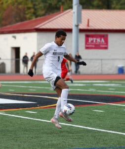 Soccer player in white jersey skillfully controls the ball mid-air on a green field during a match.