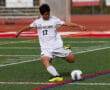 Soccer player in white jersey kicks a ball on a green field during a match.