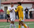 Two soccer players shake hands on the field after a match, showcasing sportsmanship and mutual respect.