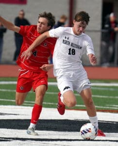 Two soccer players compete for ball possession on the field, one in red, the other in white.