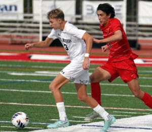 Two soccer players competing for the ball during a match on a green field.