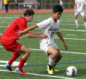 Two soccer players compete for the ball during a match on a green field. One is wearing white, and the other is in red.