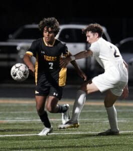 Two soccer players compete for the ball during a night match on a grassy field.
