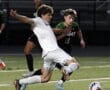 Soccer players in action during a match on a green field at night, focused on kicking the ball.