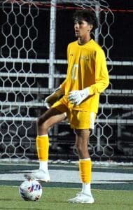 Soccer goalie in yellow kit controls ball on field during night match.