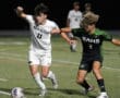 Two soccer players compete for the ball during a night match on a grass field.