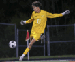 Soccer goalkeeper in yellow uniform making a powerful kick during a night match on the field.