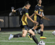 Soccer player in yellow and black kicks ball during night game.