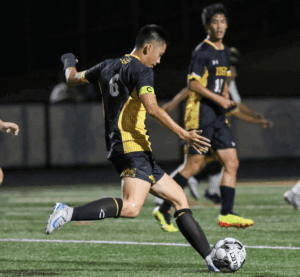 Soccer player in yellow and black kicks ball during night game.
