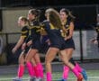 Women soccer players celebrate on the field wearing pink socks and dark uniforms at night.