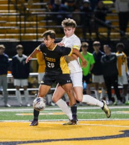 Two soccer players competing for the ball during a nighttime match on a field with spectators in the background.