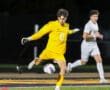 Soccer goalie in yellow uniform kicks the ball during a nighttime match on a green field, teammate in white nearby.
