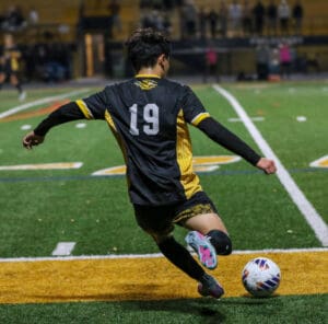 Soccer player in black and yellow jersey #19 kicking ball, captured during night match on green field.