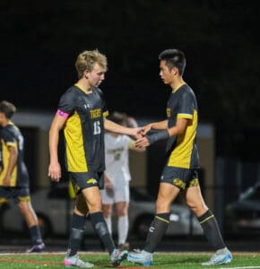 Two soccer players in black and yellow jerseys shaking hands on the field during a night game.