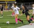 Girls' soccer match in action, players from opposing teams competing for the ball on the field.