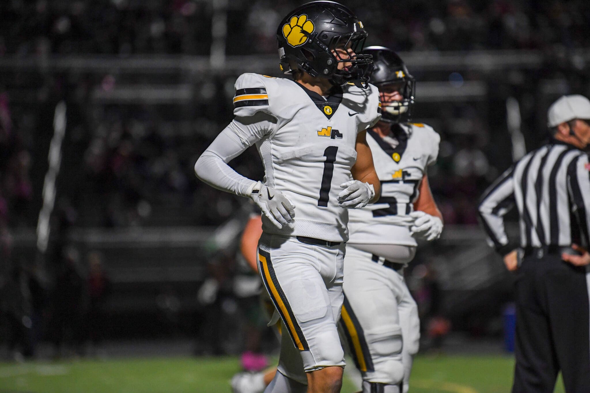 Football player in white and black gear on field during a game.