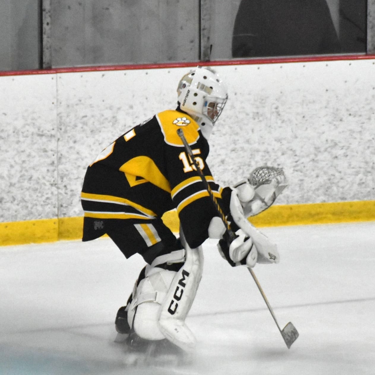 Hockey goalie in black and yellow gear makes a play on ice rink, focusing intensely.