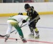 Inline hockey players face off during a competitive match in an indoor rink.