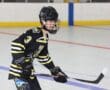 Young ice hockey player in black and yellow gear poised with a stick on the rink.