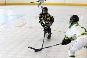 Two inline hockey players compete for the puck on a rink, one in black and yellow and the other in white and green.