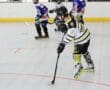 Roller hockey players in action on an indoor rink, wearing protective gear and colorful uniforms.
