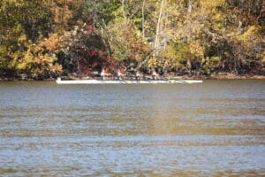 Rowers in a boat on a calm river with autumn trees in the background.