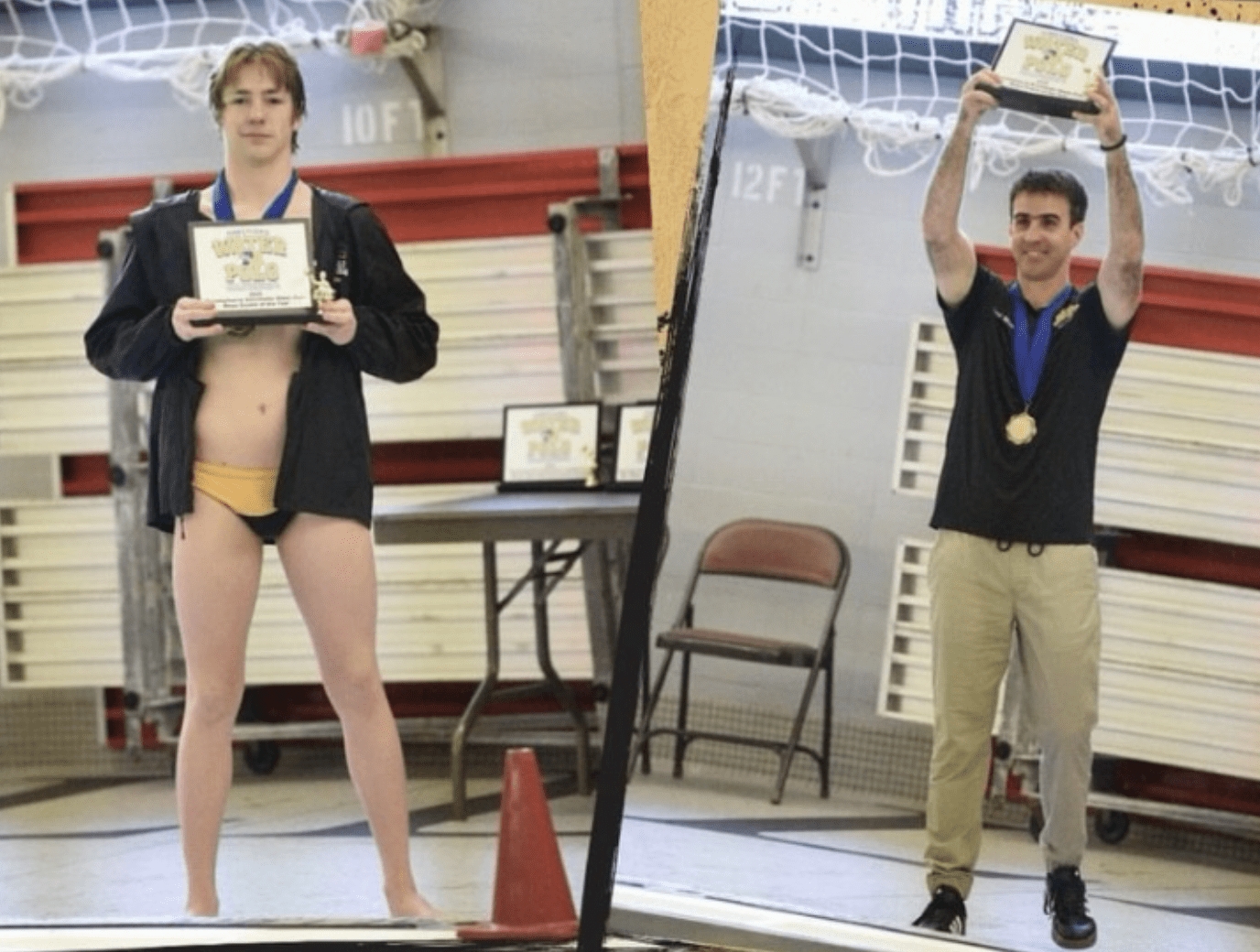 Two champions holding trophies at a swimming competition, wearing medals and smiling in celebration.