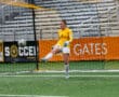 Soccer goalie in yellow jersey kicks ball during match, in front of net on green field.