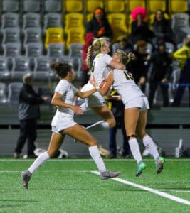Soccer players celebrate a goal in a stadium with cheering fans in the background.