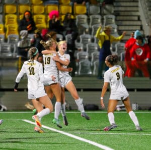 Soccer players celebrating a goal on the field, with cheering spectators in the stands.