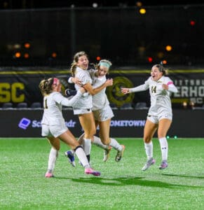 Soccer players celebrate a goal on the field at night.