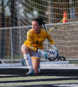 Female goalkeeper in yellow jersey kneeling with soccer ball during a match.
