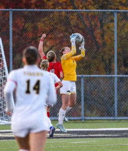 Soccer goalie in yellow jersey catches ball mid-air during a competitive match near the goal, autumn backdrop.