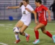Two female soccer players competing for the ball on a green field during a match.